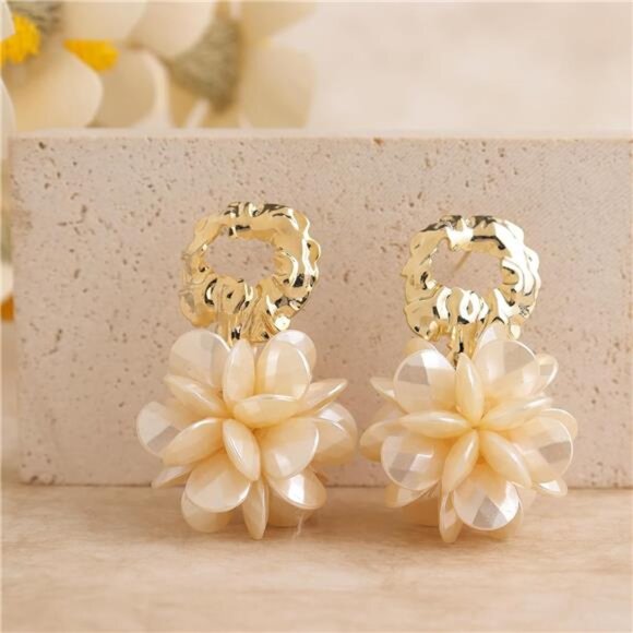 Big Gold Flower Dangle Earrings | 14K Gold Plated Geometric Petal Cluster Drops - Picture 6 of 6